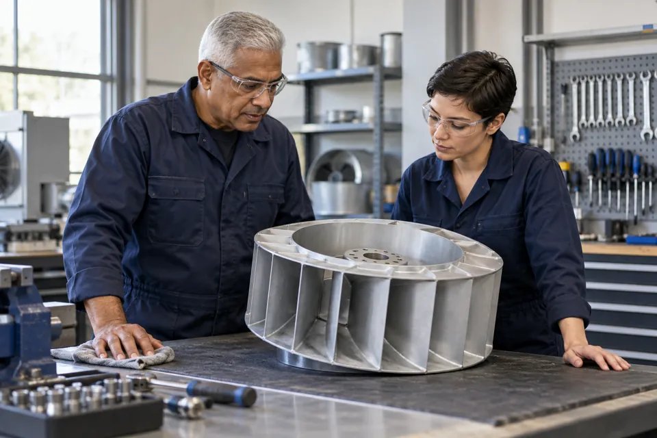 Two ventilation technicians examining a fan impeller on a workshop bench