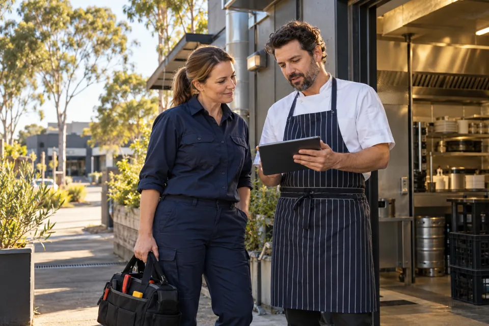 Ventilation technician discussing a site visit with a restaurant manager