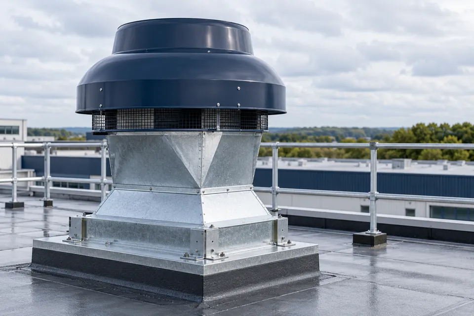 Roof-mounted exhaust fan with a galvanised transition and mounting curb