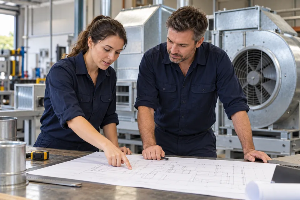 Two ventilation specialists reviewing a plan at a workshop bench