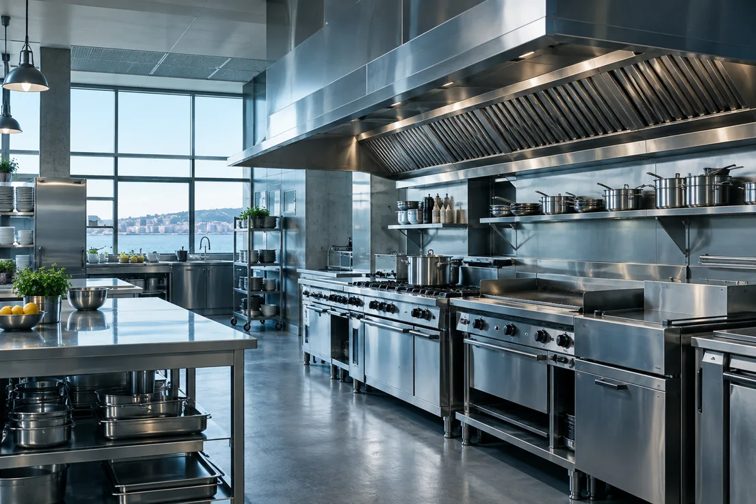 Stainless steel extraction canopy above a commercial kitchen