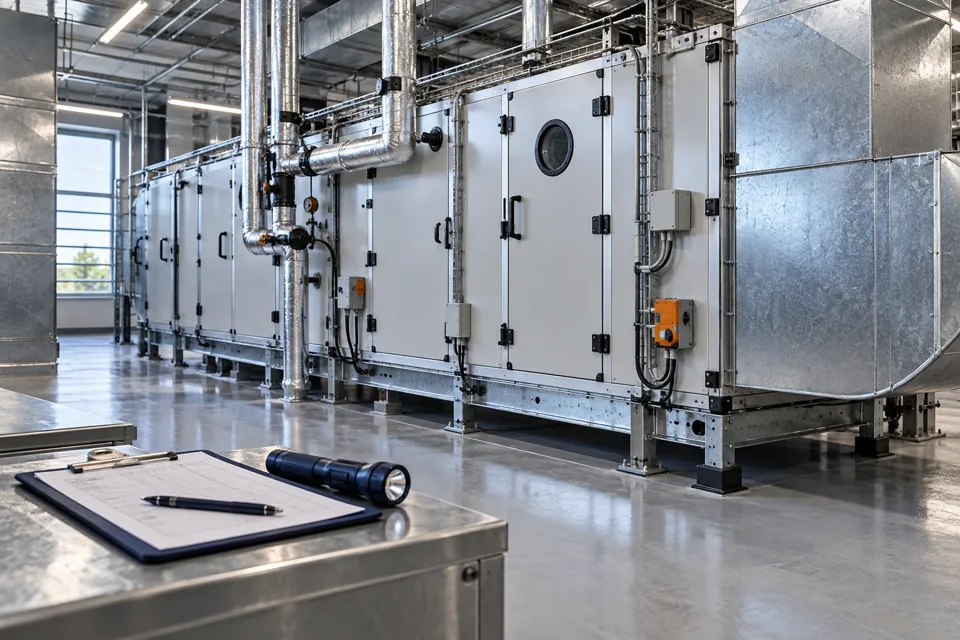 Enclosed ventilation equipment with inspection panels in a plant room