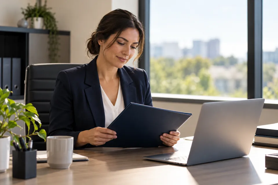 Service coordinator reviewing a document folder at an office desk