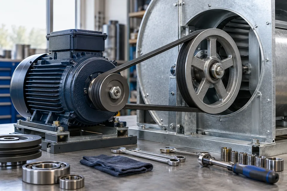 Commercial fan motor, drive belt and pulleys on a workbench